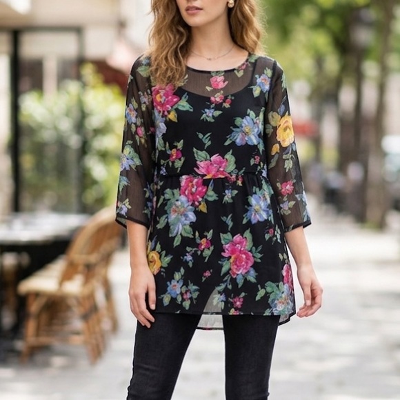 About A Girl Tops - About A Girl Black Floral Sheer Blouse Size M Boho Peplum Tie Back 3/4 Sleeve